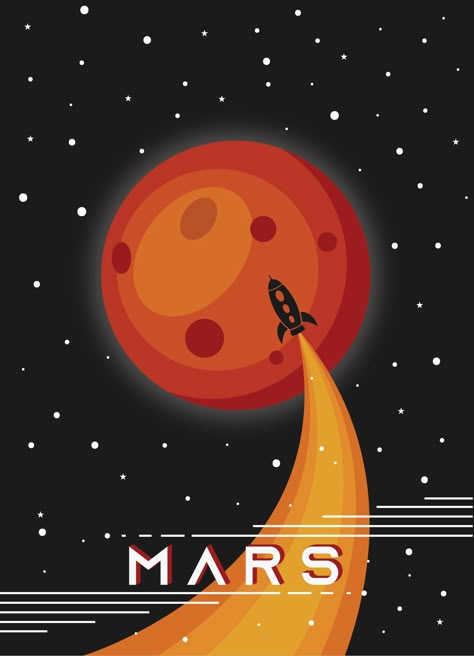 Mars poster print on matte photo paper, in A2, A3, A4, or A5 sizes from a graphic designer and Etsy seller, Instagram @merci.arts Space Elements Illustration, Sci Fi Illustration Art, Rocket Graphic Design, Mars Graphic Design, Mars Planet Art, Space Illustration Kids, Galaxy Graphic Design, Universe Graphic Design, Space Illustration Art