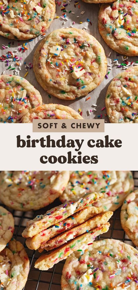 These soft and chewy birthday cake cookies are full of white chocolate and rainbow sprinkles. They're made with clear vanilla extract for that classic birthday cake flavour in cookie form! #cookies #birthdaycake | teakandthyme.com Mrs Fields Sugar Cookie Recipe, Easy Birthday Desserts, Classic Birthday Cake, Birthday Cake Cookies, Cookies With White Chocolate, Cake Batter Cookies, Vegan Birthday Cake, Classic Birthday, Birthday Cake Flavors