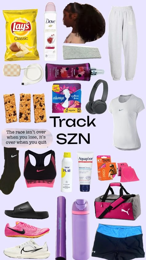 Track SZN #trackandfield #trackgirl #trackaesthetic #track Track And Field Essentials, Track And Field Aesthetic Outfit, What To Wear To Track Practice, How To Prepare For Track Season, Track Outfits Aesthetic, 200m Track, Track Needs, Track Bag Essentials, Track Collage