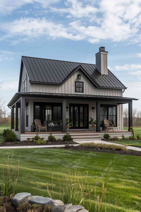 39 Classic Gray Houses with Black Trim Inspiration Barndominium House Colors, Black House With Black Windows, Dark Grey Painted Brick House, Grey And Black Barndominium Exterior, Dark Gray Farmhouse Exterior, Light Gray House Exterior, Grey Barndominium Exterior, Gray And Black House Exterior, Gray House Black Trim