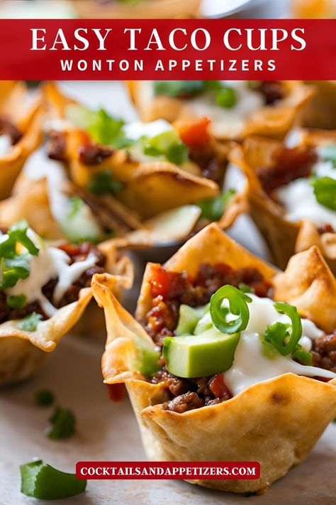 These easy wonton taco cups are a great handheld party appetizer. Filled with taco meat and lots of cheese, these taco cups are baked in a muffin pan with wonton wrapper. Great game day appetizer and easy Super Bowl party appetizer for a large crowd. Easy Taco won ton savory snack in muffin tin recipes. Taco Cups Wonton, Appetizers In Cups, Taco Wonton Cups, Taco Wonton, Phyllo Cup Appetizers, Wonton Taco Cups, Wonton Wrapper Recipes Appetizers, Wonton Cups Appetizers, Cup Appetizers