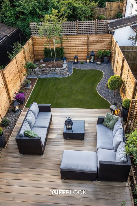 small yard with deck, yard, outdoor furniture, lush grass with curved stone garden bed Front Yard Decking, Deck Oasis Ideas, Deck On The Ground, Small Yard Design Ideas, Tuffblock Deck, Decking Ideas Garden, Japanese Yard, Low Deck Designs, Small Garden Decking Ideas