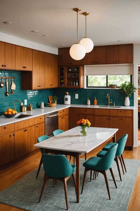 Mid-Century Modern Kitchen Design Inspiration - West Magnolia Charm Mcm Kitchen Black Countertops, Mid Century Condo Interior, Mid Century Kitchen Pendant Lights, Mcm Kitchen Lighting, Boho Mid Century Modern Kitchen, Mid Modern Century Kitchen, Kitchen Island Boho, Boho Kitchen Island, Modern Midcentury Home