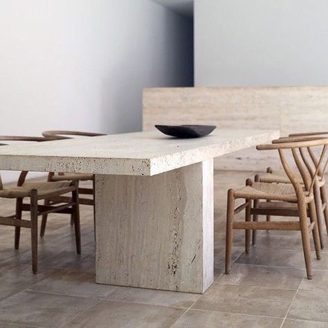 R o o m   o n   F i r e on Instagram: “Travertine dining table + CH24 Wishbone chairs in Neuendorf House in Mallorca, Spain by @johnpawson in partnership with @claudiosilvestrin…” Claudio Silvestrin, Travertine Dining Table, Richard Powers, Interior Boho, John Pawson, Dining Room Inspiration, Majorca, Dining Room Design, Interior Furniture