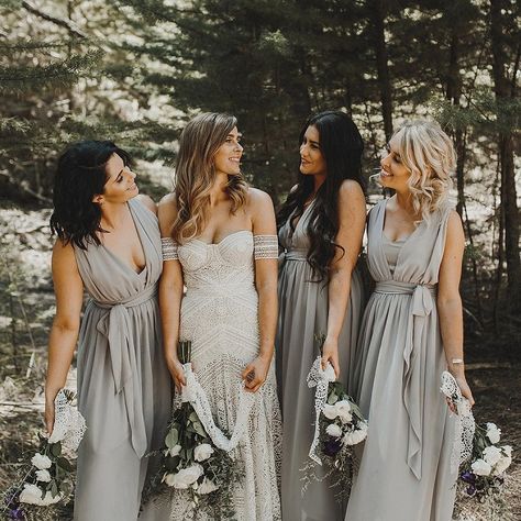 Grey bridesmaid dresses #wedding #weddinginspiration #boho #bohemianwedding Timeline Template, Bridesmaid Dresses Boho, Grey Bridesmaids, Grey Bridesmaid Dresses, Long Bridesmaid Dress, Gray Weddings, Chiffon Bridesmaid, Wedding Dreams, Bohemian Wedding