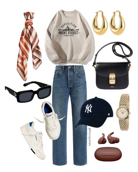 A casual day outfit ☕️🍿🎧 Effortlessly chic and comfy for a relax day out with friends or families. Whether exploring a charming flea market, indulging in your favorite cafe, or enjoying a movie of your choice at the cinema. Graphic pullover : @amazon Jeans : @modaoperandi Bag : @apc_paris Sunglasses : @louisvuitton Shoes : @reebok Cap : @neweracap Earbuds : @beatsbydre Watch : @patekphilippe Scarf: @mango Earrings: @nakdfashion #virtualstyle #virtualstylist #ootdfashion #fashions... Go To Cinema Outfit, Movie Day Outfit, Cinema Outfits, Movie Date Outfit, Cinema Outfit, Paris Sunglasses, Mango Earrings, Amazon Jeans, Relax Day