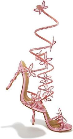 Pink Heels With Flowers, Butterfly Heels Pink, Pink Birthday Heels, Pink Butterfly Heels, Pink Prom Shoes, Pink Lace Up Heels, Fantasy Heels, Fairy Heels, Wrap Up Heels