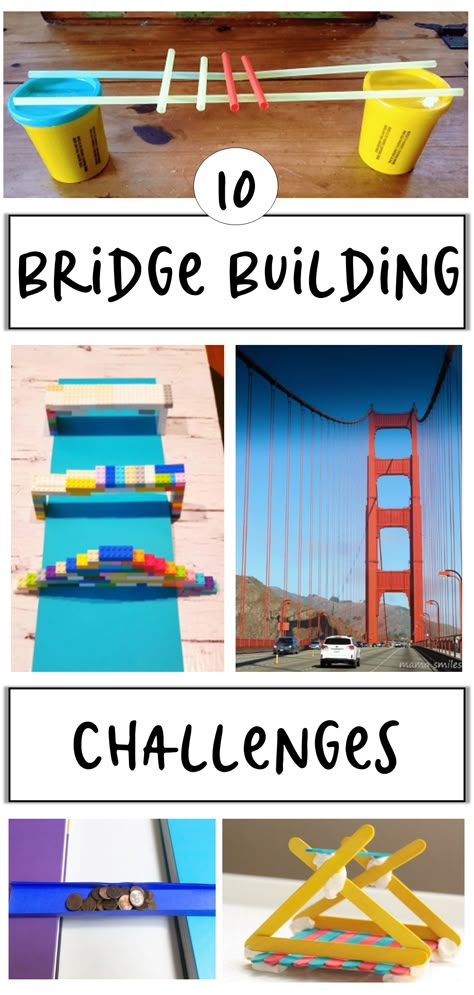 The pin shows four images of different bridges made from simple materials and then a real photograph of a huge bridge from a trip/travel. Stem Build A Bridge, Stem Bridge Challenge, Building A Bridge Project For Kids, Build A Bridge Stem Challenge, Bridge Crafts For Preschoolers, The Family Under The Bridge Activities, Bridge Activities For Preschoolers, Engineering Activities For Kindergarten, Stem Bridge Building Challenge