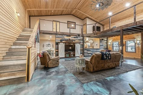 Barndominium Studio Ideas, Pole Barn Entertainment Space, 30x40 Pole Barn House Plans With Loft, Simple Shop House Interior, Barndimonium House Rustic, Barniminium Homes Rustic, Modern Rustic Barndominium, Small Barndominium Ideas With Loft, Barndomium Interior