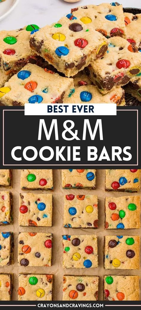 M&M Cookie Bars M And M Blondies, Bake Sale Bars Easy, Big M&m Cookies, Mnm Cookie Bars, M M Bars, Individual Cookie Cakes, Best Baked Goods For Bake Sale, Chocolate Chip Bar Cookies 9x13, Mnm Bars