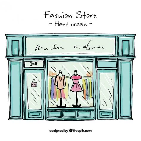 Hand drawn fashion store shop window  Free Vector Store Front, Shop Window, Fashion Store, Hand Drawn, Dresses