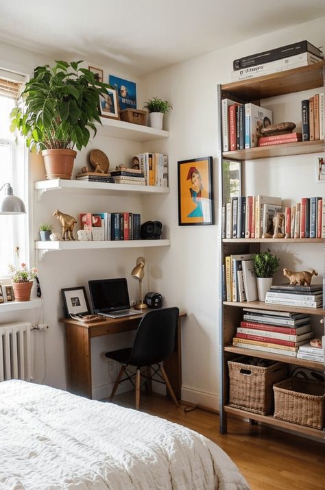 22 Smart Ideas & Organization for Small Bedroom (Looking Bigger + Tricks + Maximise Space) Bedroom Organiser Ideas, Book In Bedroom, Office Corner In Bedroom Small Spaces, Ways To Style A Small Bedroom, Craft Corner Ideas Small Spaces Bedroom, Small Room With Bookshelves, Small Apartment Set Up, Bookshelves Behind Bed, Small Bedroom Shelves