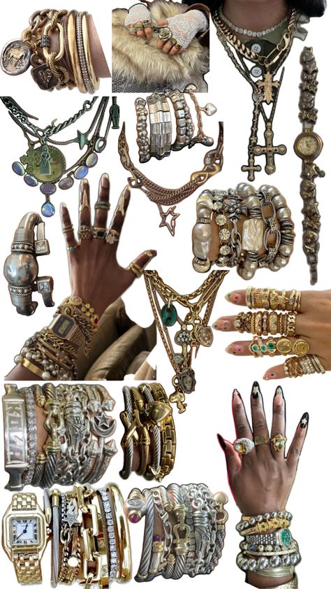 Bracelet, ring, and necklace stacking ideas Dope Jewelry Accessories, Mixed Metal Rings, Earthy Jewelry, Mixed Metal Jewelry, Jewelry Accessories Ideas, Necklaces And Bracelets, Dope Jewelry, Chunky Jewelry, Jewelry Fashion Trends