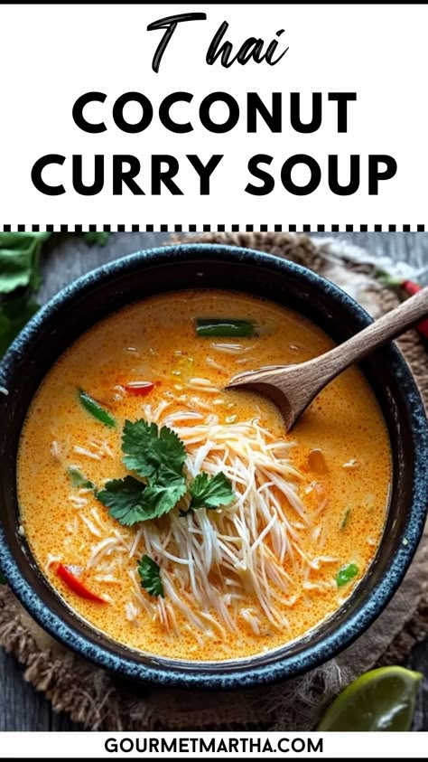 Warm up with a bowl of this Thai Coconut Curry Soup, a perfect balance of creamy coconut milk, spicy curry, and fresh vegetables. This comforting dish is a flavor-packed adventure, bringing authentic Thai flavors right to your kitchen. Get inspired in the kitchen – grab the recipe now #ThaiCurrySoup #CoconutCurry #ThaiSoup #ComfortFood #EasyRecipes #SpicySoup #HealthyEating #SoupSeason #DinnerIdeas #AsianCuisine Thai Curry Vegetable Soup, Thai Coconut Curry Noodle Soup, Creamy Coconut Soup, Thai Coconut Shrimp Soup, Fish Curry Recipe Coconut, Curry Coconut Soup, Thai Chicken Curry Soup, Coconut Curry Noodle Soup, Spicy Vegetable Soup