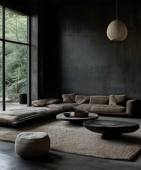 Black Wabi Sabi Interior, Minimalist Dark Interior, Brutalist Design Interior, Wabi Sabi Dark Interior, Wabi Sabi House Design, Dark Wabi Sabi Interior, Dark Japandi Living Room, Modern Zen Room, Moody Wabi Sabi