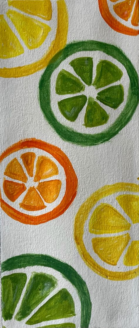 Fruit Aesthetic Painting, Lemon And Lime Drawing, Small Bathroom Inspo Simple, Lime Paintings Easy, Cute Lemon Painting, Mini Fruit Painting, Lemon And Lime Painting, Simple Lemon Painting, Painted Lemon Slice