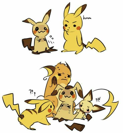 Mimikyu, Pikachu, Pichu, Raichu, evolution, funny, comic, text; Pokémon Cute Mimikyu, Mimikyu Pikachu, Pichu Pikachu Raichu, Pikachu Raichu, Ghost Pokemon, Pokemon Breeds, Wild Pokemon, Cute Pokemon Pictures, Pokemon Comics