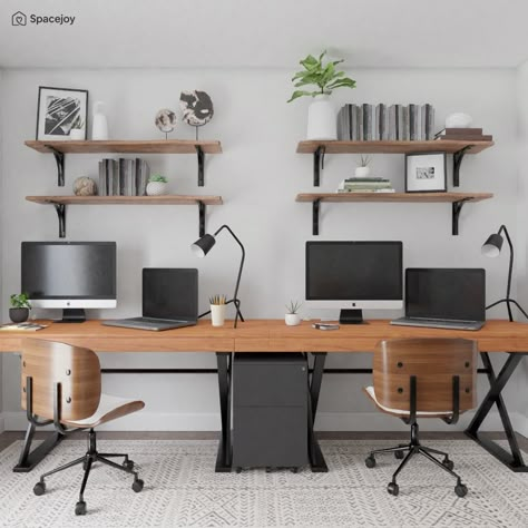 Shared Home Office, Mid Century Modern Home Office, Home Office Layouts, Office Idea, Mid Century Modern Office, Shared Office Space, Computer Desks, Cozy Home Office, Small Home Offices