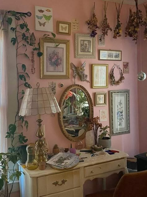 Pink Walls Room Aesthetic, Pink And Green Vintage Bedroom, Mirror And Painting Wall Decor, Pink Room Decor Of Your Dreams, Room Ideas Aesthetic Pink Walls, Girly Cottage Core Bedroom, Dresser With Mirror On Wall, Pink Wall Ideas Bedrooms, Vintage Fairy Bedroom