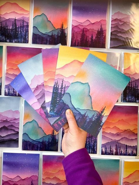 Colorful Mountain Peaks Set of 5 Artist Greeting Cards | 5in x 7i... Watercolor Art Projects, Beginner Watercolor, Watercolor Supplies, Colorful Mountains, Diy Watercolor Painting, Watercolor Mountains, Watercolor Painting Techniques, Watercolor Art Lessons, Watercolor Paintings Tutorials