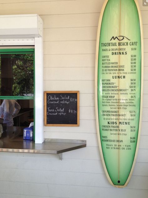 Surfboard sign Surf Cafe Design, Beach Bar Menu Design, Beach Menu Ideas, Beach Bar Decoration, Beach Bar Design Ideas, Surfer Clothes, Florida Orange Juice, Surf Bar, Surf Cafe