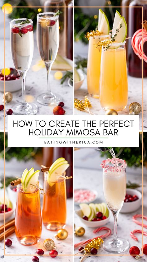 Looking to make the perfect holiday mimosa bar this festive season? CLICK here for everything you need to know on making the perfect holiday mimosa bar your guests will love! Nye Mimosas, Christmas Brunch Mimosa Bar, Mimosa Christmas Bar, Fancy Mimosa Recipe, Christmas Mimosas Brunch, Peppermint Bark Mimosa, Fancy Mimosa Bar, Different Mimosa Recipes, Sparkling Juice Bar