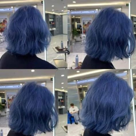 Navy Blue Hair Short, Half Light Blue Half Dark Blue Hair, Blue Shoulder Length Hair, Cobalt Blue Hair Color, Dark Periwinkle Hair, Blue Hair No Bleach, Dark Blue And Light Blue Hair, Dark Blue Dyed Hair, Dark Blue Hair Short