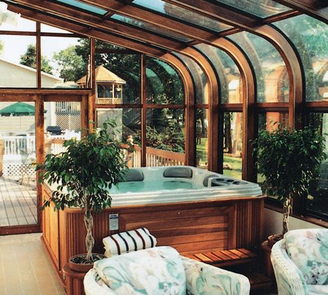 Sunroom Hot Tub, Spa Room Ideas | Sunquest Inc. of Maryland Spa Room Ideas, Tub Room, Jacuzzi Room, Hot Tub Landscaping, Indoor Hot Tub, Hot Tub Room, Tub Enclosures, Piscina Interior, Sunroom Ideas