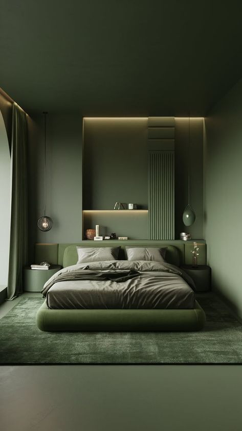 40+ Cozy Green Bedroom Ideas we love - Mattress Nut Green Men’s Bedroom Ideas, All Green Room, Dark Green Room Ideas, Cozy Green Bedroom, Dark Green Room, Green Room Colors, Men's Bedroom Design, Men’s Bedroom Ideas, Cool Loft Beds