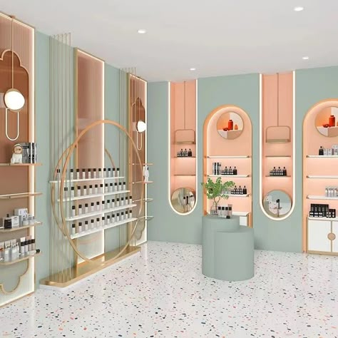 Cosmetics Office Interior, Cosmetics Shop Decor, Cosmetic Interior Design, Cosmetic Salon Interior, Cosmetic Shop Design Ideas, Makeup Shop Design Interior, Modern Store Interiors, Cosmetic Store Design Interiors, Cosmetics Shop Design Store Interiors