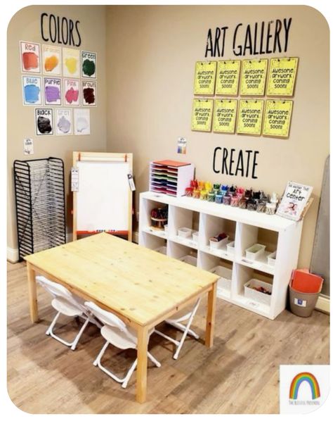 Art Center Playroom Ideas, Art Wall In Classroom Ideas, Art Station Preschool, Childcare Classroom Setup, Classroom Art Center Ideas, Kindergarten Art Center Setup, Art Center Daycare, Art Station Kindergarten, Art Table Preschool