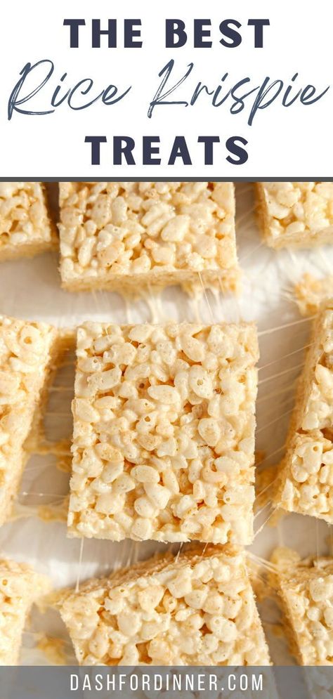 This easy recipe for Homemade Rice Krispie Treats is simply the best! Made with butter, marshmallows, cereal, and vanilla, this homemade cereal treat is a classic and a favorite with all age groups. This base recipe can be tweaked to add chocolate, peanut butter, sprinkles, and more! Rice Krispie Treats Homemade, Gooey Rice Krispie Treats, Rice Krispie Treats Easy, Rice Crispies Treats, Best Rice Krispie Treats Recipe, The Best Rice Krispie Treats, Easy Recipe For Kids, Best Rice Krispie Treats, Salty Chex Mix