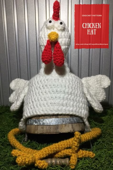 Crochet Funny Hats Free Pattern, Chicken Hat Crochet Pattern, Funny Crochet Hat, Etsy Patterns, Chicken Hats, Funny Crochet, Chicken Pattern, Hat Patterns Free, Hat Crochet Pattern