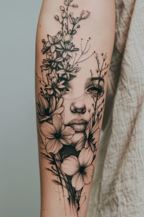 Forearm tattoo of a woman's face surrounded by detailed black and gray flowers. For Her Tattoo, Brother And Sister Tattoo Ideas, Aries Tattoos, Sister Tattoo Ideas, Her Tattoo, Aries Tattoo, Sister Tattoo, Female Tattoos, Weird Tattoos