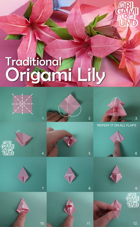 How to fold a traditional origami lily | Origamiaround on Patreon How To Fold A Flower Out Of Paper, Orgamini Flowers Step By Step, Origami Lily Tutorial, Origami Flowers Lily, Lily Origami Flower Tutorial, Cute Origami Flower, Oragami Ideas Step By Step Flower, How To Fold Paper Flowers, Lilies Origami