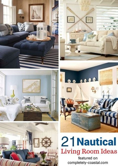 Nautical Living Room Decor & Interior Design Ideas for Those who Love the Sea. Featured on Completely Coastal. Nautical Living Room Decor with Blue & White, Stripes, Pops of Red, Neutral Colors, and Nautical Motifs. #nautical #livingroom #blueandwhite Nautical Living Room Ideas, Coastal Lights, Nautical Decor Living Room, Coastal Living Room Decor, Coastal Style Living Room, Coastal Room Decor, Room Decor Interior Design, Beach Decor Living Room, Nautical Interior