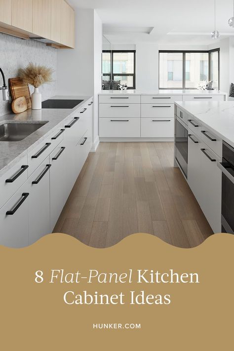 Modern White Flat Panel Kitchen Cabinets, Modern Flat Front Kitchen Cabinets, Modern Flat Panel Kitchen Cabinets, Kitchens With Flat Panel Cabinets, White Kitchen Flat Cabinets, Flush Cabinets Kitchen, Flat Panel Cabinet Hardware, Kitchen Cabinet Flat Panel, Flat Panel Kitchen Cabinet Doors