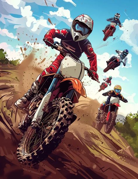 The image shows a group of five dirt bike riders racing through a sandy track. The riders are all wearing protective gear and are riding in a close group ->> more details in ai-img-gen.com Bike Racing Wallpaper, Adventure Bike Gear, Bike Race Poster, Story Boarding, Biker Tattoo, Motorbike Art, Biker Photography, Bike Riders, Image Moto