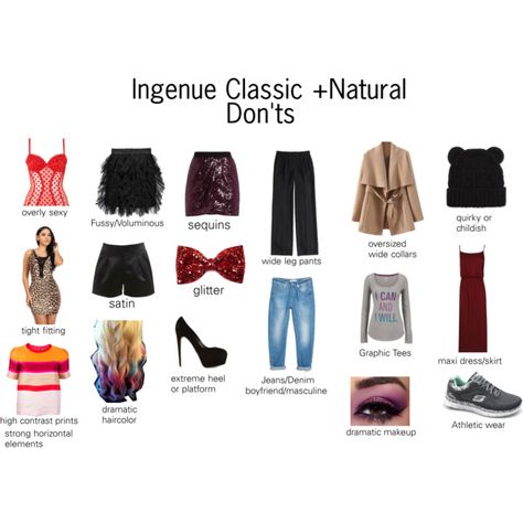 "Ingenue Classic +Natural Don'ts" by laughinggirl on Polyvore Kibbe Romantic With Ingenue Essence, Ingenue Accessories, Ethereal Classic Ingenue Style, Ingenue Natural Style, Natural Ingenue Style, Soft Gamine Fall Outfits, Ingenue Classic, Soft Gamine Vs Theatrical Romantic, Gamine Ingenue Essence