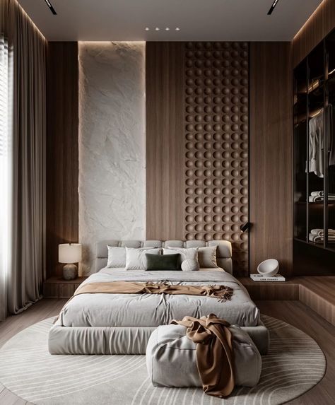 A serene guest bedroom suite, original textured plaster wall allowed to be glimpsed between the wall panelling. Glazed illuminated wardrobes. A special place to relax and sleep #studiodelahaye #luxuryrealestate #serene #wardrobedesign #bespokebedrooms #orginal #specialplace #guestbedroom #followformore #britishdesign #britishmade Lavish Bedroom, Luxurious Bedrooms Interior, Credits Design, Textured Plaster, New Cairo, Design Your Bedroom, Architect Design House, Wall Panelling, Luxurious Bedroom