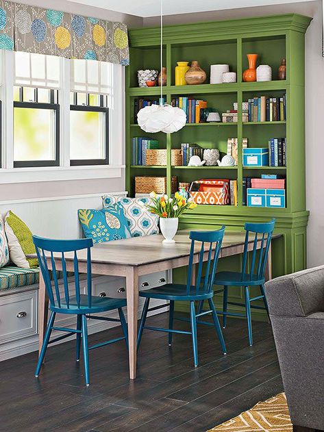 get the look: colorful trim & woodwork Banquette Seating With Storage, Farmhouse Sinks, Breakfast Nooks, Banquette Seating, 아파트 인테리어, Built In Bookcase, Maximalism, Clever Design, Breakfast Nook