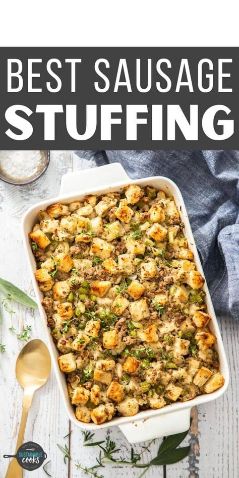 Make the best Sage Sausage Stuffing ever with this class dressing recipe! Loaded with aromatic herbs and minced sausage, this dish will become a family favorite for holidays and cozy meals. Turkey Stuffing With Sausage, Sausage Stuffing Recipe Thanksgiving, Sage Sausage Stuffing, Sausage Stuffing Thanksgiving, Sausage Meat Stuffing, Turkey Dressing Recipe, Ground Sausage Recipes, Turkey Stuffing Recipes, Sausage Stuffing Recipe