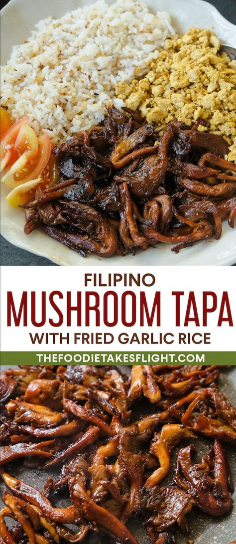 Vegan Mushroom Tapsilog (Filipino Mushroom Tapa) Mushroom Adobo Filipino, Filipino Recipes Vegetarian, Pioppino Mushrooms Recipe, Mushroom Chinese Recipe, Filipino Veggie Recipes, Bunapi Mushrooms Recipe, Mushroom Katsu, Vegan Filipino Recipes, King Trumpet Mushroom Recipe