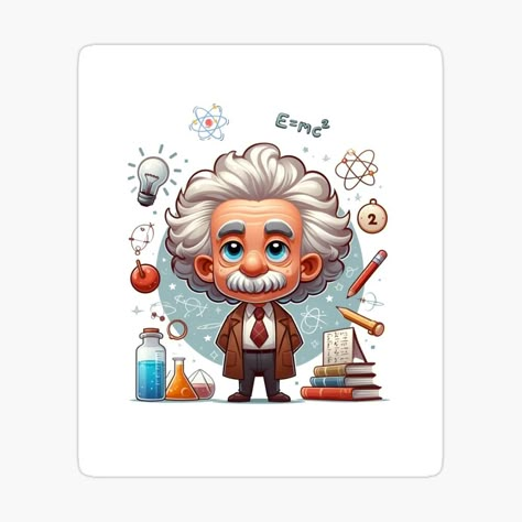 Albert Einstein Cartoon by MusesWhispers | Redbubble Albert Einstein Drawing Cartoon, Physics Cartoon, Albert Einstein Cartoon, Science Decor, Funny Cartoon Characters, School Themes, Cartoon Stickers, Mugs Stickers, Cute Easy Drawings