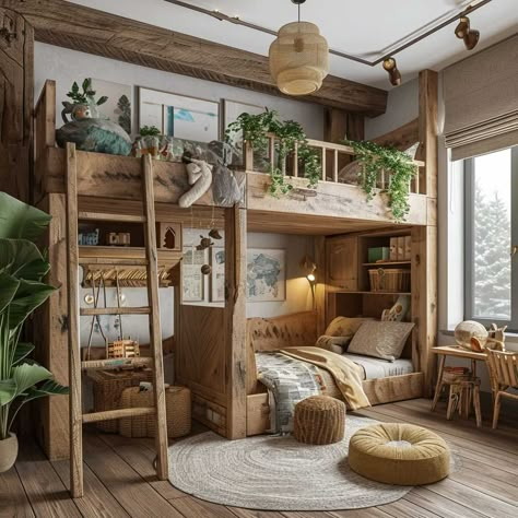 Toddler Bedroom Forest, Boys Bedroom Outdoor Theme, Nature Themed Kids Bedroom, Rustic Toddler Boy Room, Earthy Kids Bedroom, Nature Bedroom Kids, Kid Loft Bed Ideas, 2 Boys Room Ideas, Wood Themed Bedroom