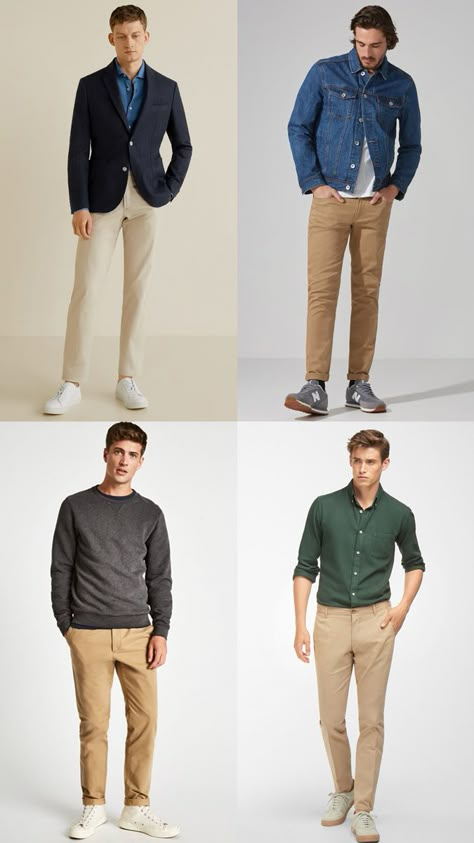 6 Chino Colours Every Man Should Own #clothing #outerwear #sleeve #collar #green #jeans #standing #neck #blazer #khaki Khaki Beige Outfit, Beige Colour Pants Outfit Men, Chinos Colours Men, Man Chinos Outfit, Mens Chino Outfit, Chinos Outfit Mens Casual, Men’s Khakis Outfit, Mens Beige Chinos Outfit, Beige Khaki Pants Outfit Men