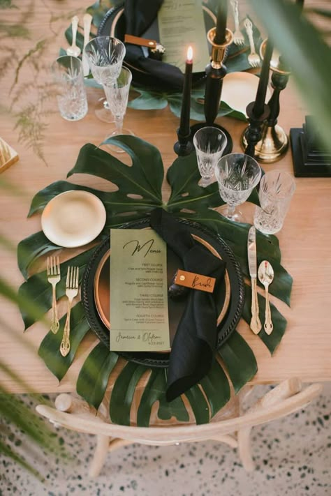 Wedding invite. Wedding photography. Wedding decor. Tropical Wedding Greenery, Beach Wedding Tropical Theme, Hawaiian Wedding Theme Decoration, Dark Moody Tropical Wedding, Palm Leaf Table Decor, Tropical Reception Decor, Tropical Event Decor, Hawaii Wedding Decor, Tropical Wedding Theme Elegant