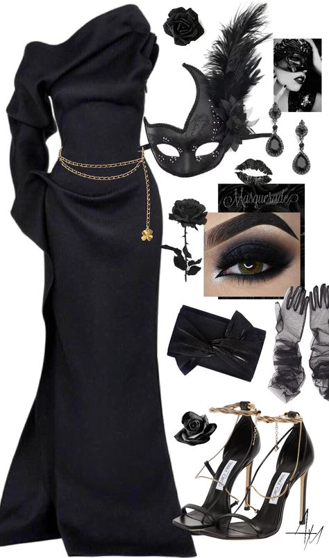 black masquerade Masquerade Ball Black Dress, Masquerade Theme Dresses, Masquerade Ball Shoes, Black Queen Costume, Mask Party Outfit Dresses, Steampunk Masquerade Outfit, Masquarede Ball Aesthetic Outfits, Roaring 20s Masquerade Ball, Black Masquerade Outfit Ideas