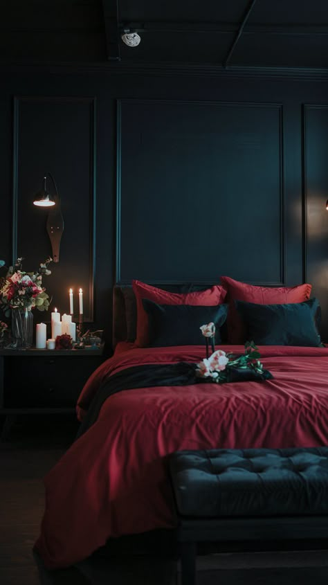 Create enchanted nights in a bedroom that whispers romance with its dramatic black and red palette. Rich fabrics and sensuous decor invite you to unwind and indulge. Highlighted by soft ambient lighting and romantic art, this oasis is designed for cozy evenings filled with laughter and whispers. Transform your space into the ultimate love nest! 🔥💖 Black And Burgundy Bedroom Ideas, Red And Black Bedroom Ideas For Couples, Black And Burgundy Bedroom, Red And Black Bedroom, Black And Red Bedroom, Red Black Bedrooms, Black Bedroom Aesthetic, Burgundy Bedroom, Black Room Aesthetic