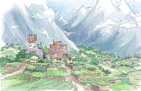 Scott Watanabe on Instagram: "Early development for Clade Family farms. I really wanted to see more terraced or vertical farming to make the world more unique. These were mostly for story just to have something to board off of. #strangeworld #disneyanimation #conceptart #farmhouse" Scott Watanabe, Vertical Farming, Castle Art, Flower Sketches, Art Story, Weird World, Disney Animation, Family Farm, Behind The Scenes